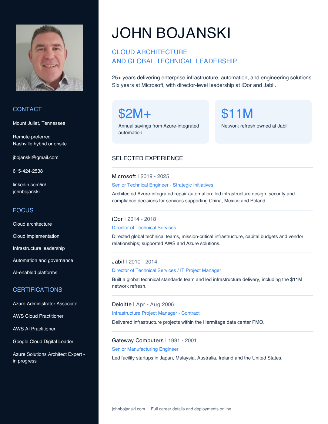 Preview of John Bojanski's one-page résumé